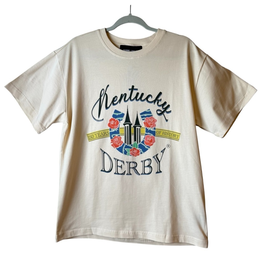Homme + Femme. Cream Kentucky Derby T-Shirt. Size Small. Unisex. - Picture 2 of 7